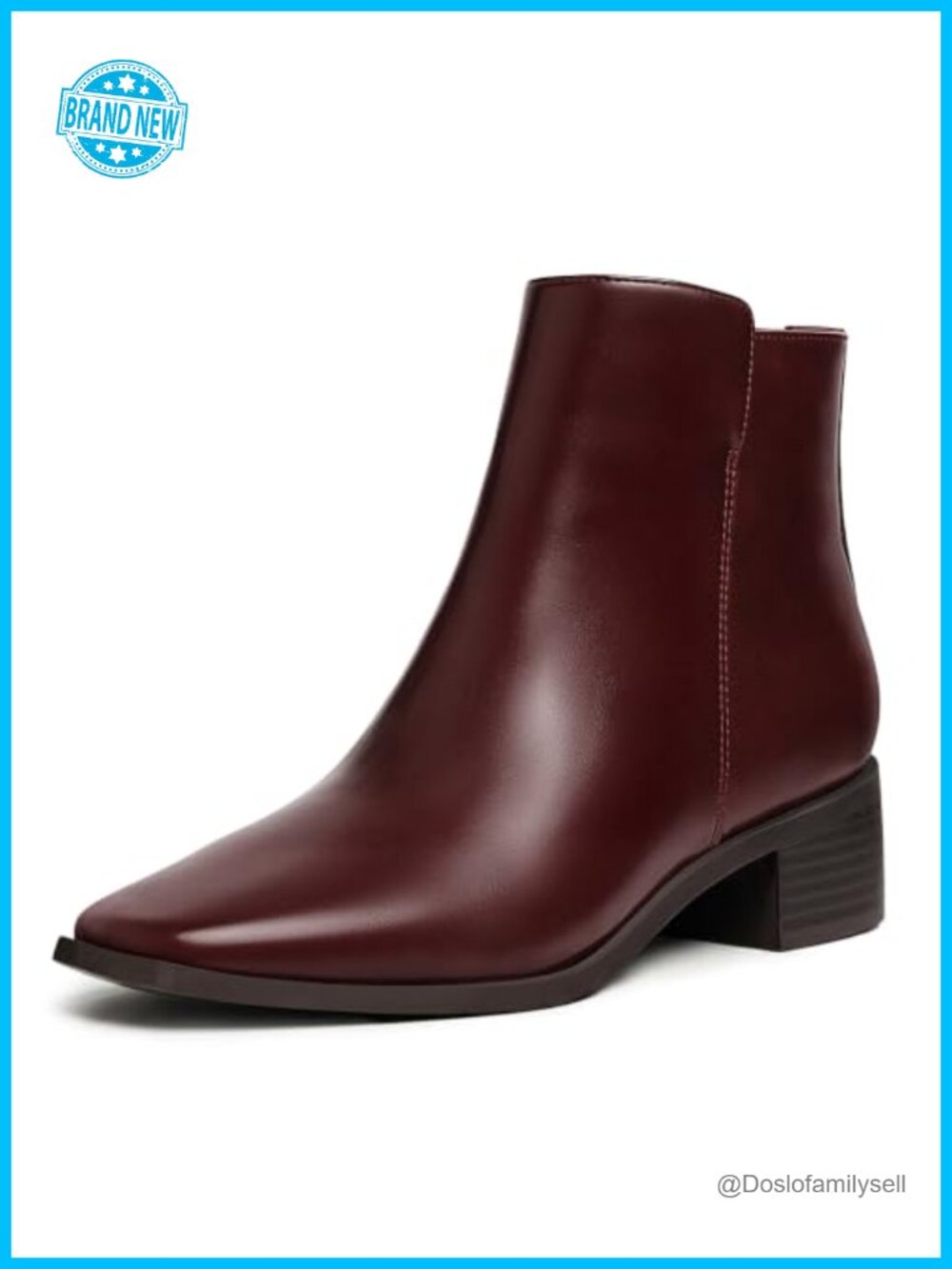 Square Toe Ankle Boots Low Block Heel Side Zip Faux Leather Booties